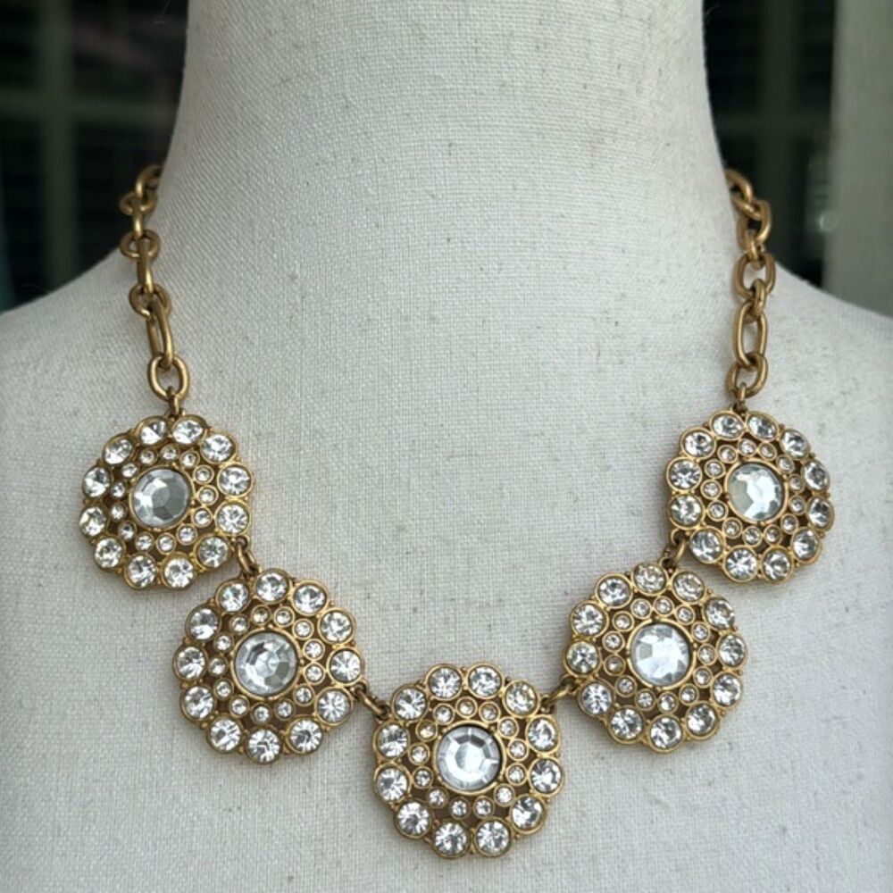 NWOT Vintage J. Crew Gold Tone Rhinestone Medallion Flowers Statement Necklace